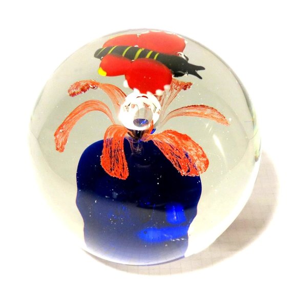 Vintage Hand Blown Art Glass Round Bubbled Paperweight Red Blue Orange - Picture 5 of 6